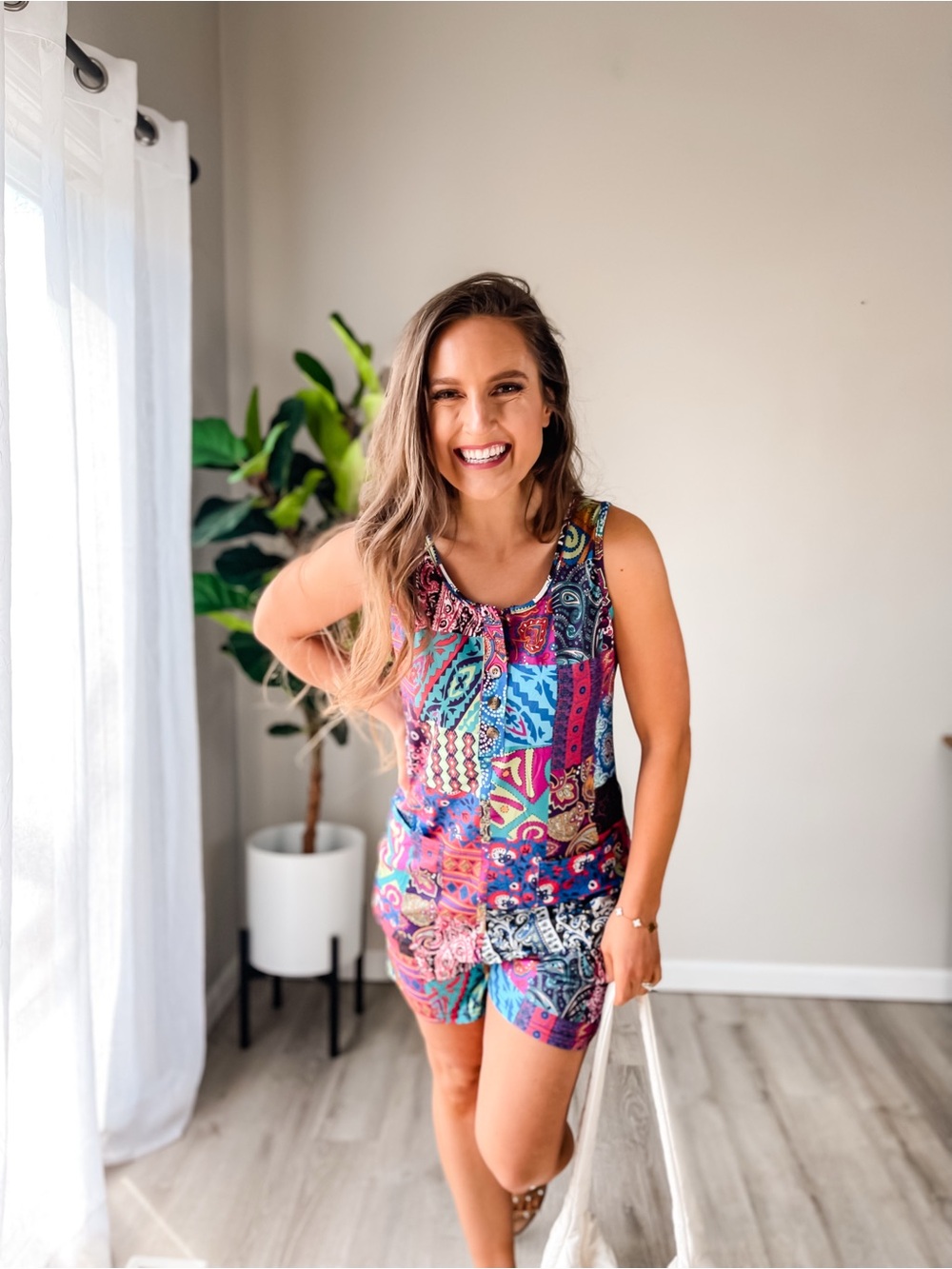 Colorful Patchwork Print Tank Romper